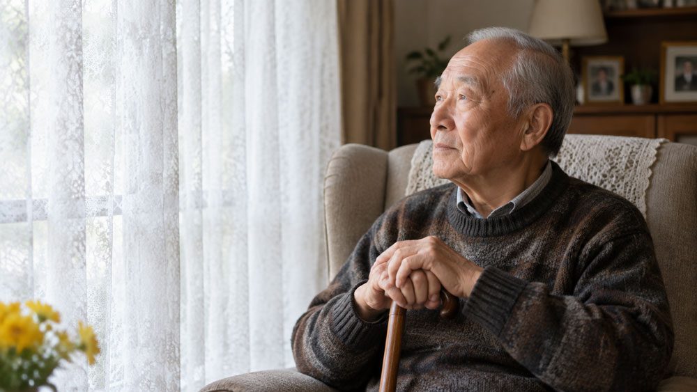 Elderly man with cane waiting for aged care funding