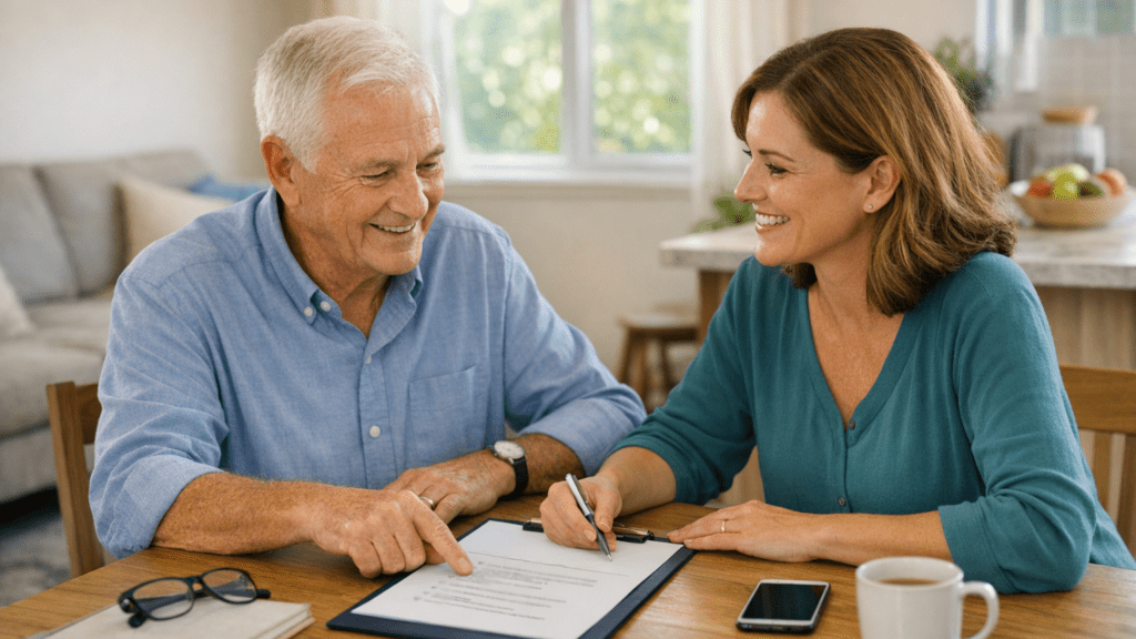 Elderly man discussing aged care plan with younger female provider