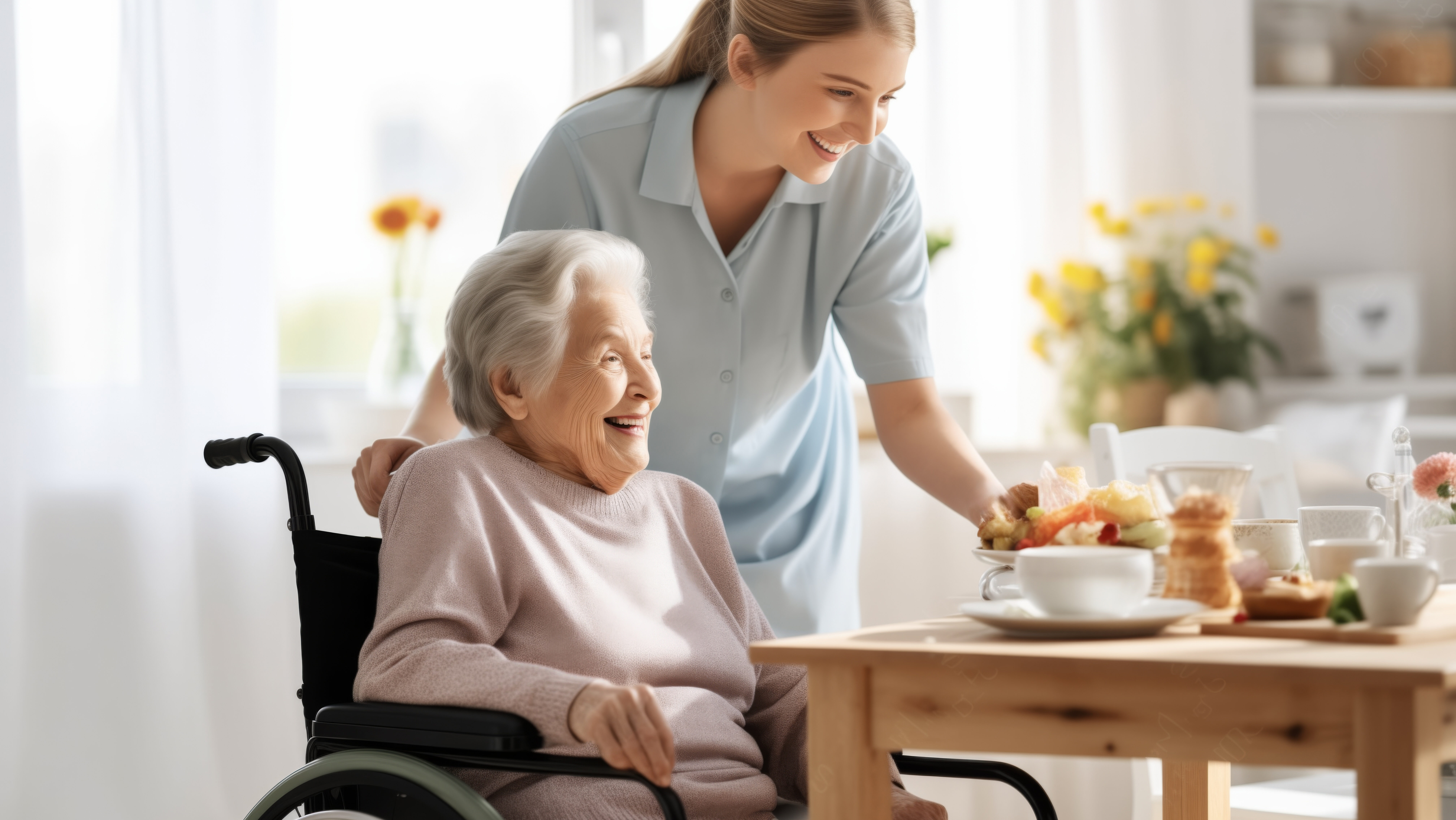 Elderly woman in a wheelchair with her carer showing high level in home care