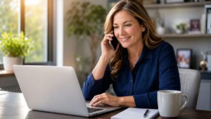 Close-up of a professional female home care manager sitting at a tidy desk, smiling while talking on the phone and typing on a laptop. A coffee mug and notebook rest beside her, with warm sunlight streaming through a window, creating a calm and reassuring atmosphere.