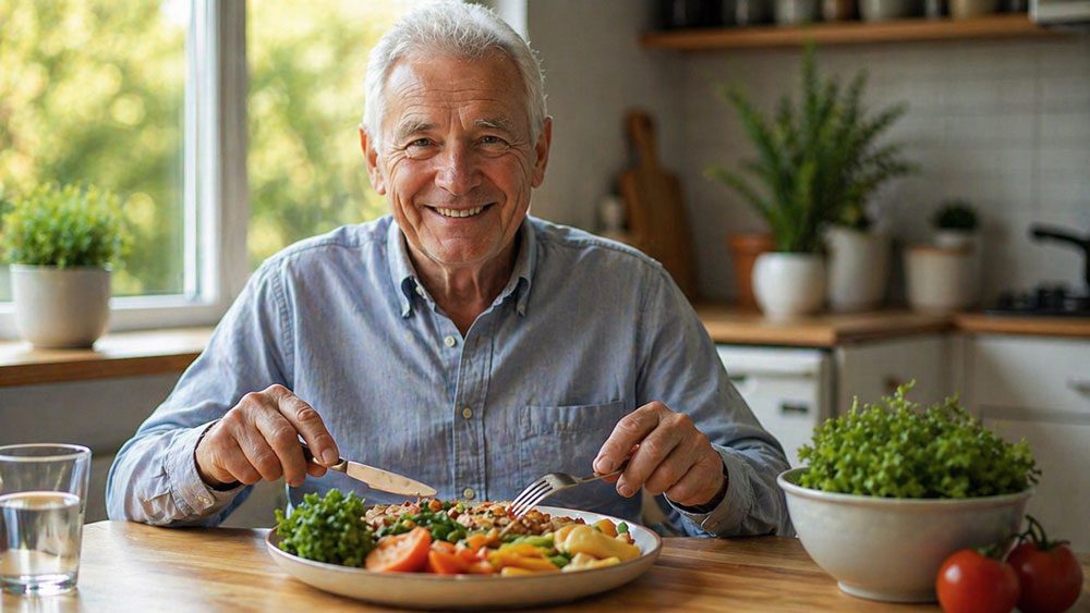 Elderly man eating a healthy meal at home prepared by carer