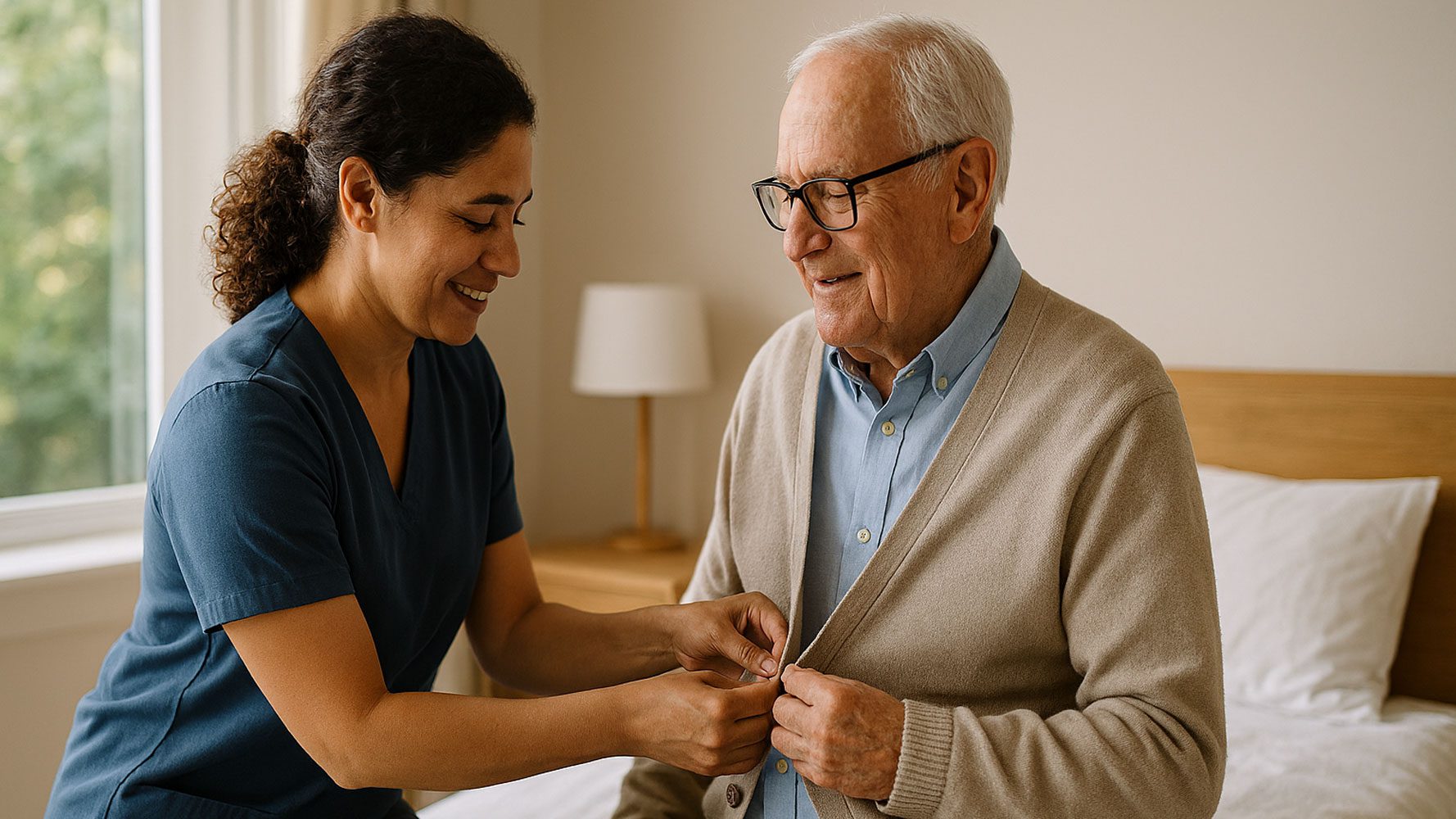 support worker helping an older man dress