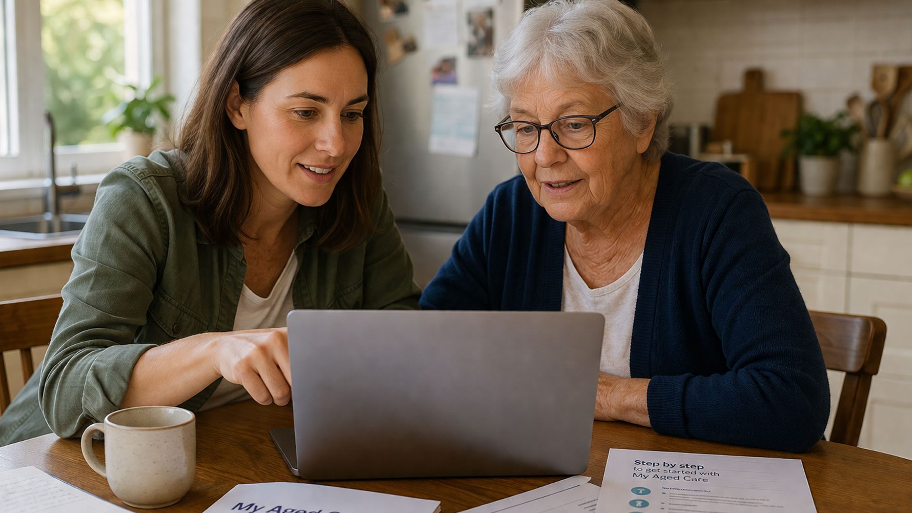 Adult daughter sitting with her elderly mother at a kitchen table, reviewing My Aged Care paperwork together on a laptop, with documents and notes spread out, showing a supportive and collaborative aged care planning moment.