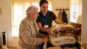 Older woman with support worker getting winter blankets out of drawer
