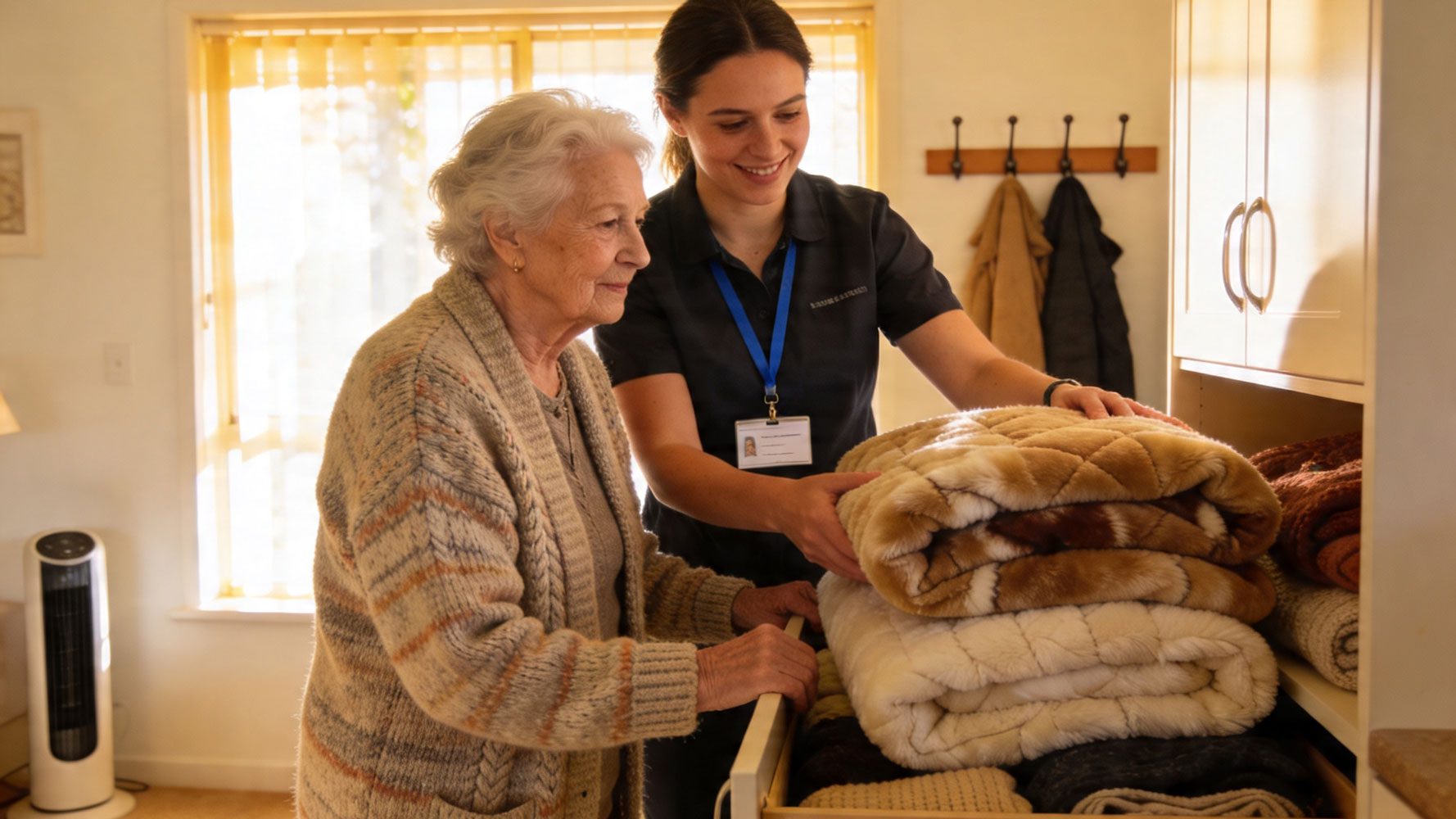 Older woman with support worker getting winter blankets out of drawer