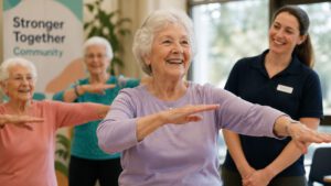 Senior women taking part in a community activity while support worker looks on