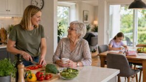 woman preparing dinner in kitchen with older mother and young daughter doing homework in the diningroom