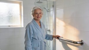 Older woman in blue robe in modified bathroom with grabrails