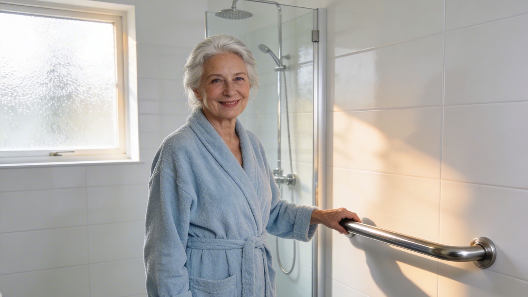 Older woman in blue robe in modified bathroom with grabrails