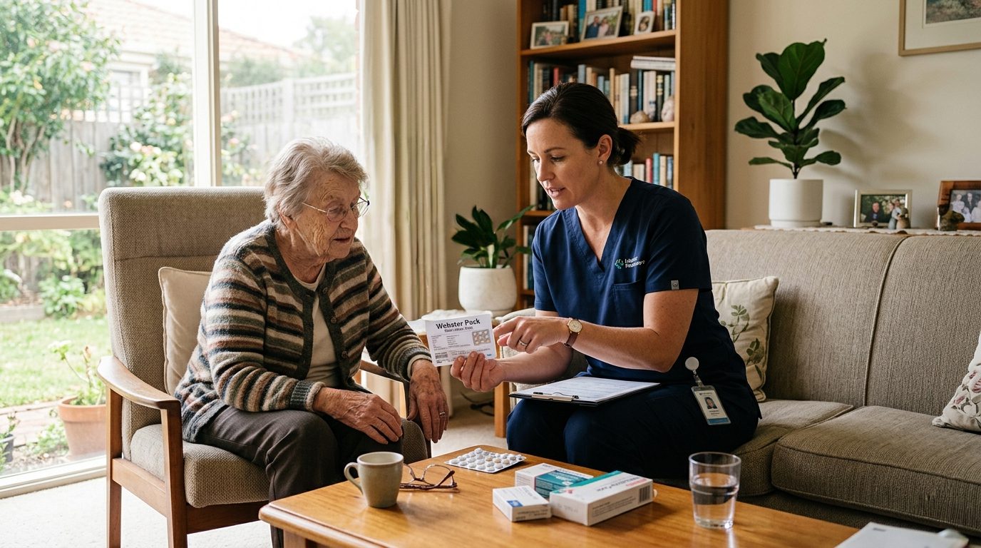 Elderly woman with nurse administering medication in lounge room
