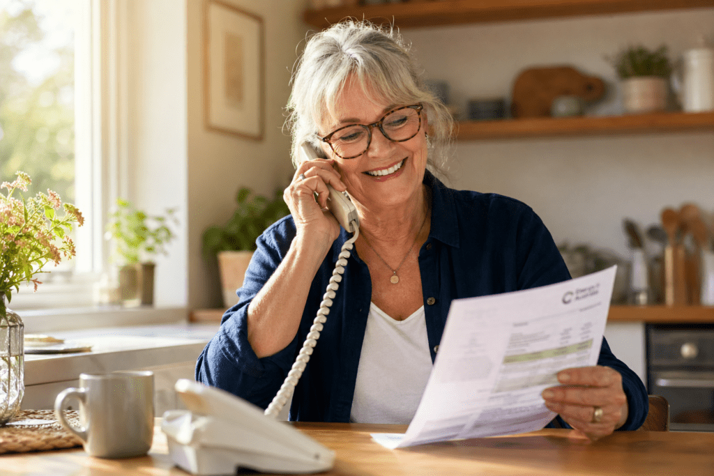 Senior woman at a desk on the phone with a letter in her hand organising Aged Care