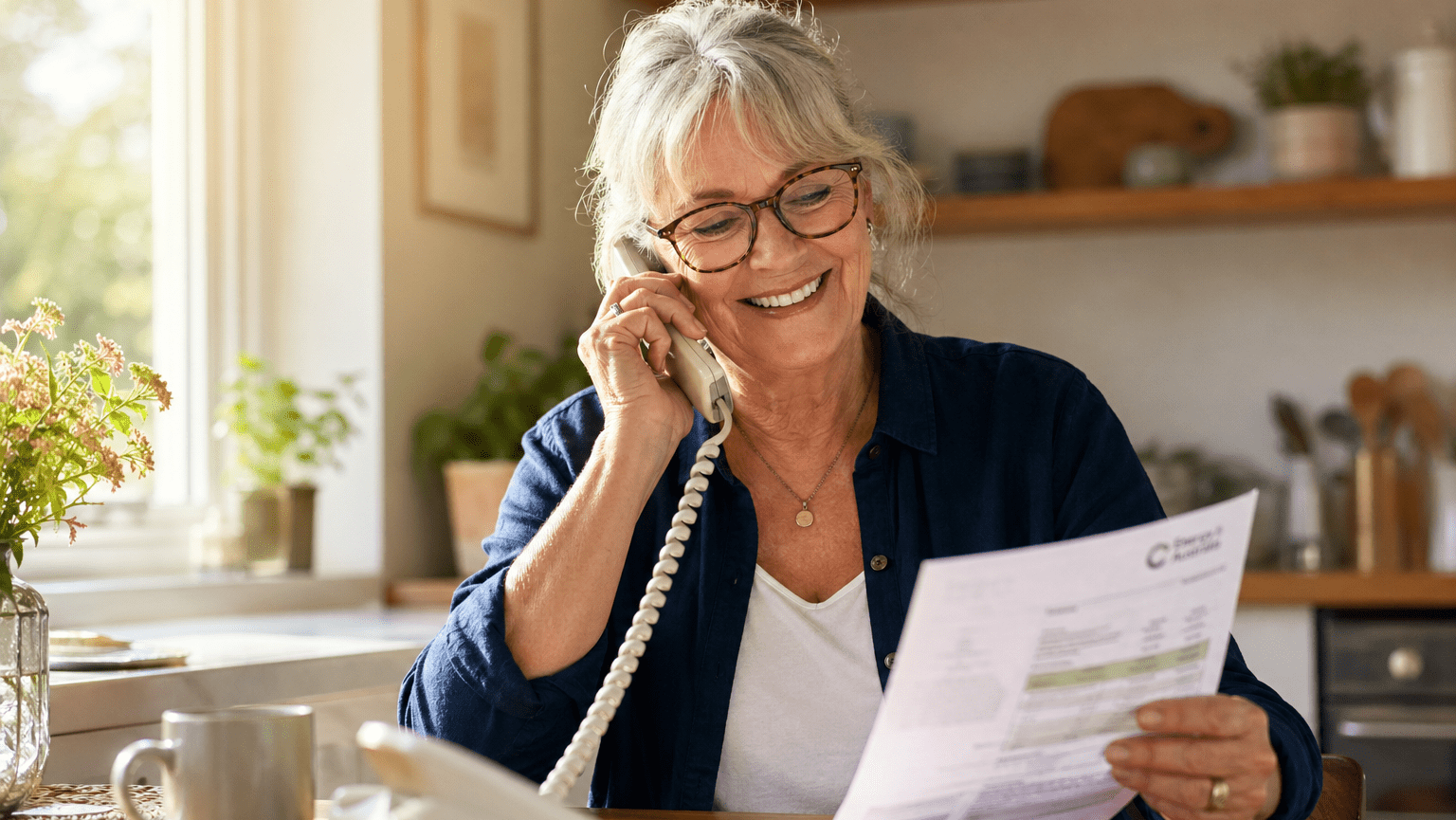 Senior woman at a desk on the phone with a letter in her hand organising Aged Care