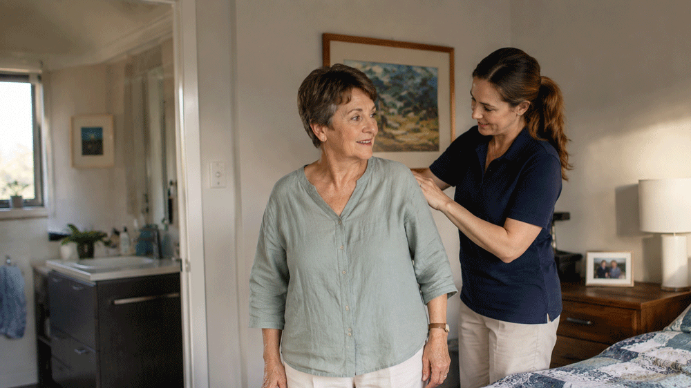 Carer helping an older person get ready at home under Support at Home services