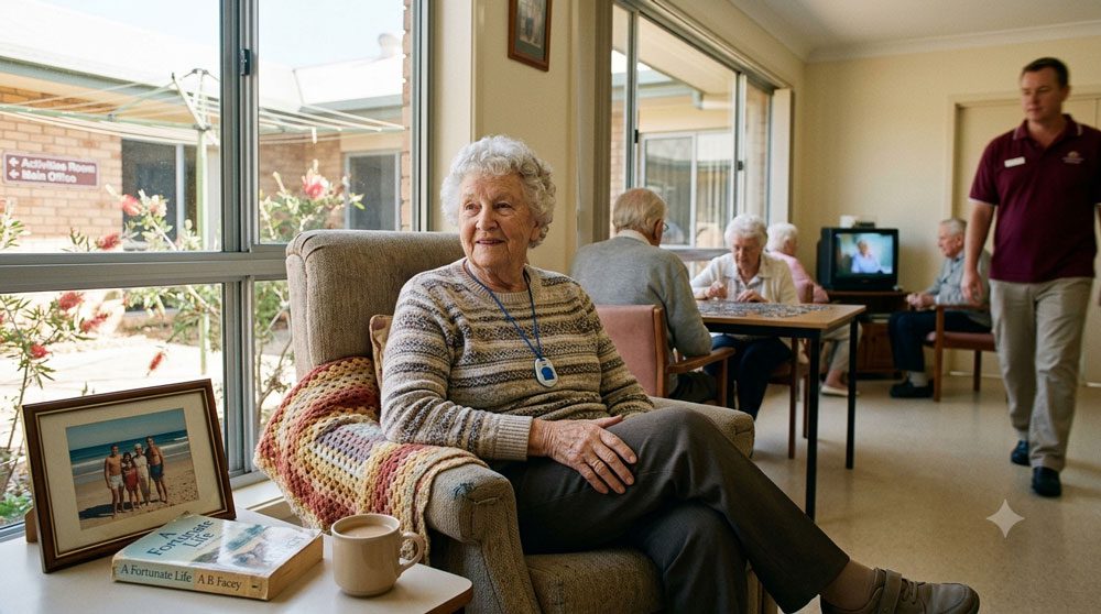Elderly woman seated in armchair in aged care home