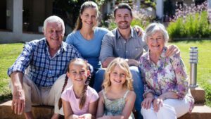 three generations of a family sitting in a garden