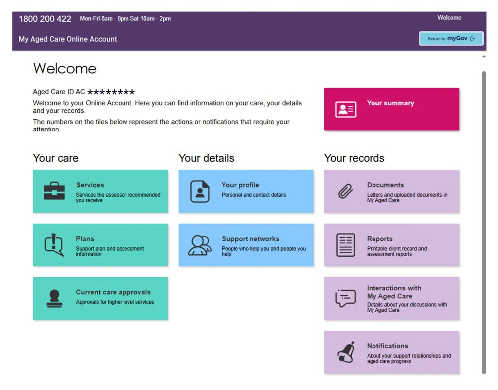 MY Aged Care online account home page