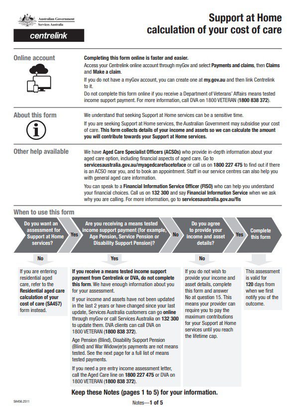 Front page of SA756 Support at Home Calculation of Your Cost of Care Form