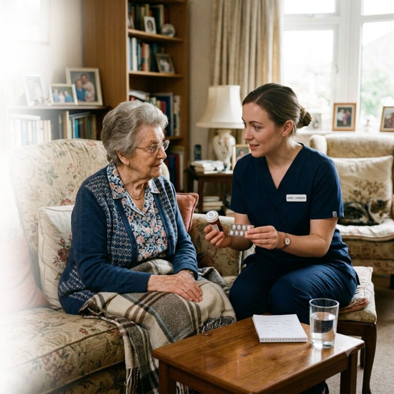 support at home carer with elderly woman sitting on a sofa