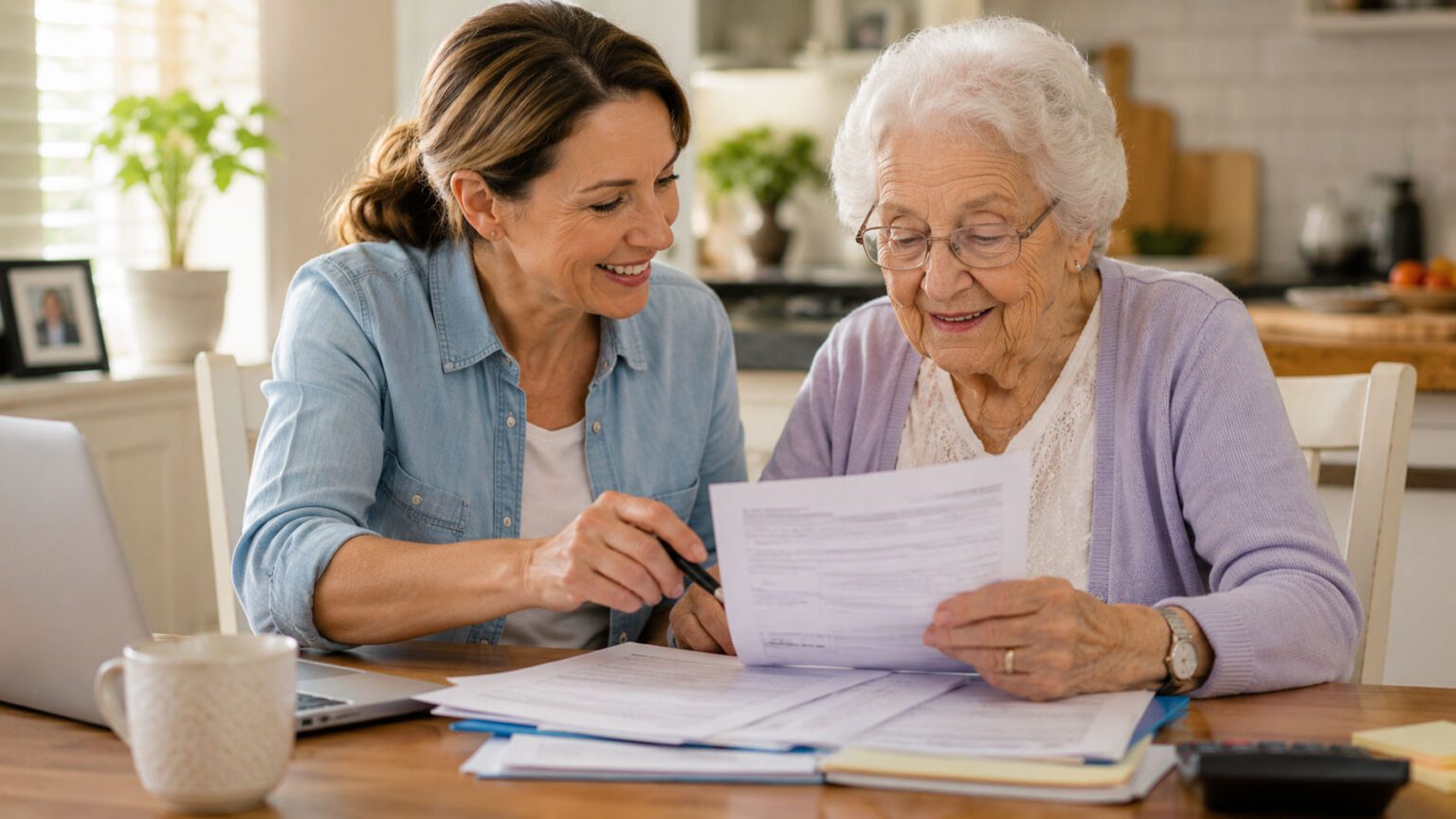 Older Australian with adult daughter completing Aged Care application forms