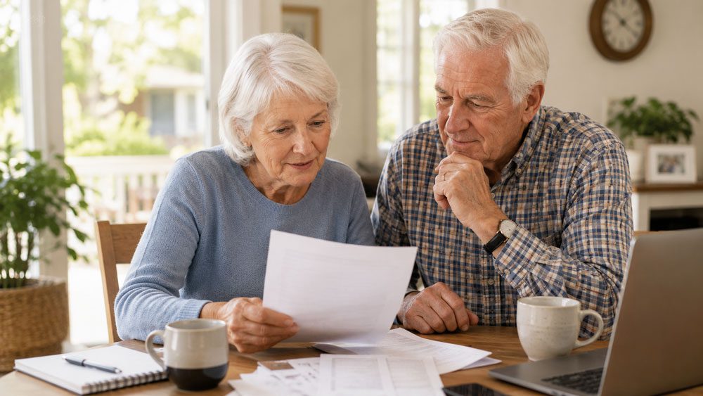 Senior couple researching HEAS at kitchen table
