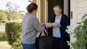 Woman delivering meal to older woman