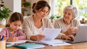 Sandwich generation carer reviewing Centrelink paperwork while supporting her child and ageing parent at home