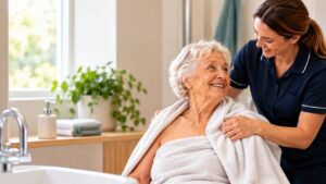 Support at Home personal care worker assisting an older woman at home