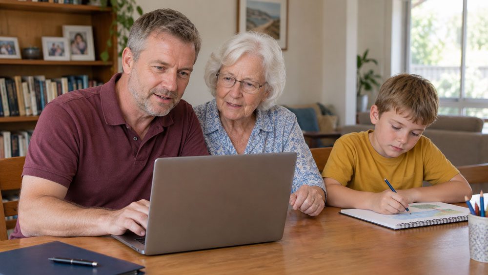 Sandwich generation carer reviewing Centrelink paperwork while supporting his child and ageing parent at home