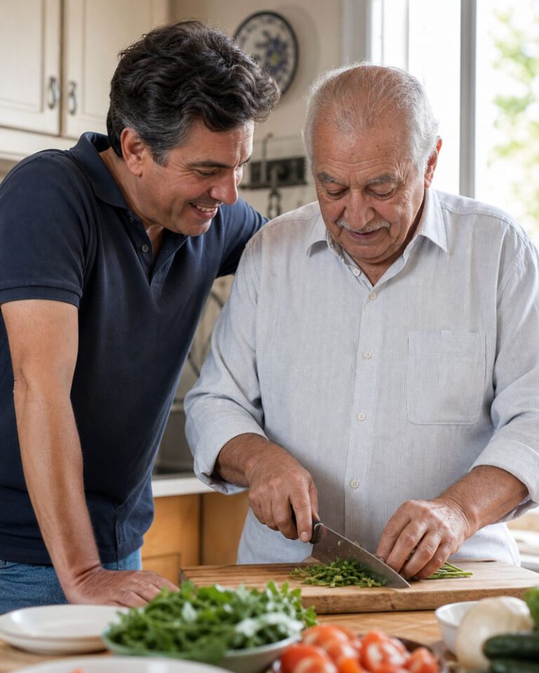 Adult son with older father preparing a meal