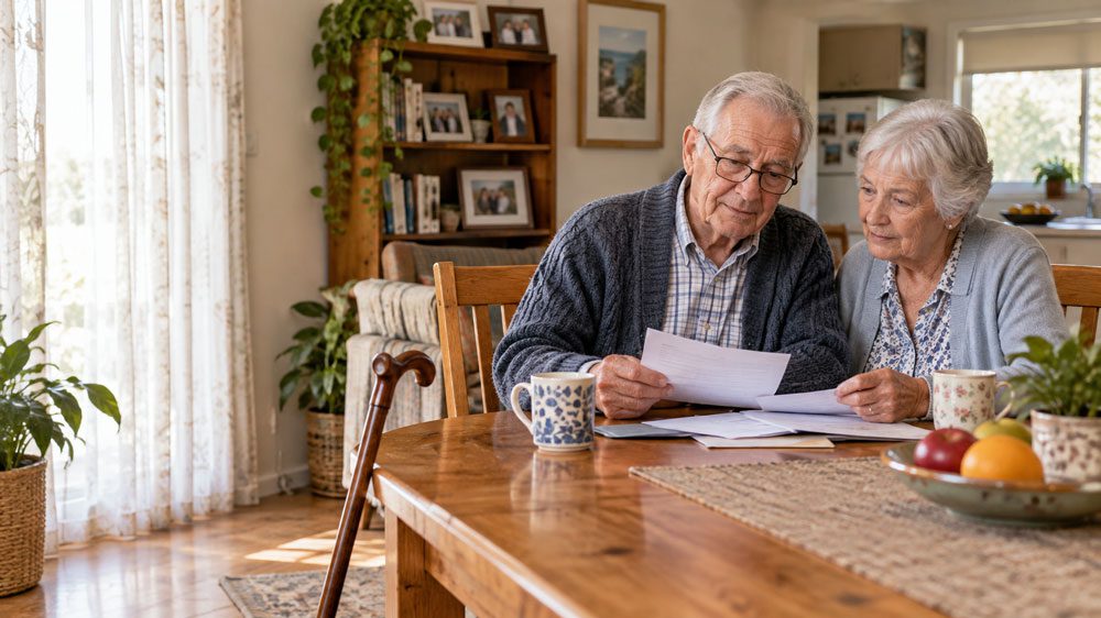 Older couple doing Aged Care paperwork at a dining table