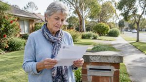 older woman reading a letter from aged care at her mailbox