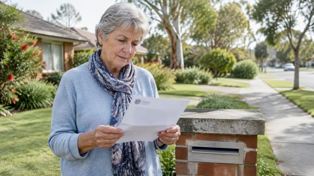 older woman reading a letter from aged care at her mailbox