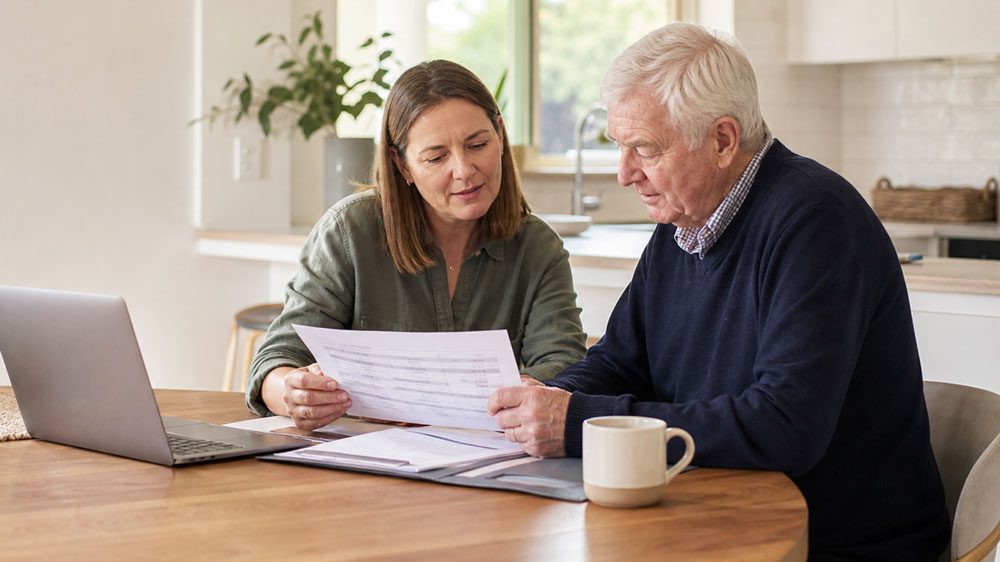 Older man and younger woman at kitchen table with aged care paperwork