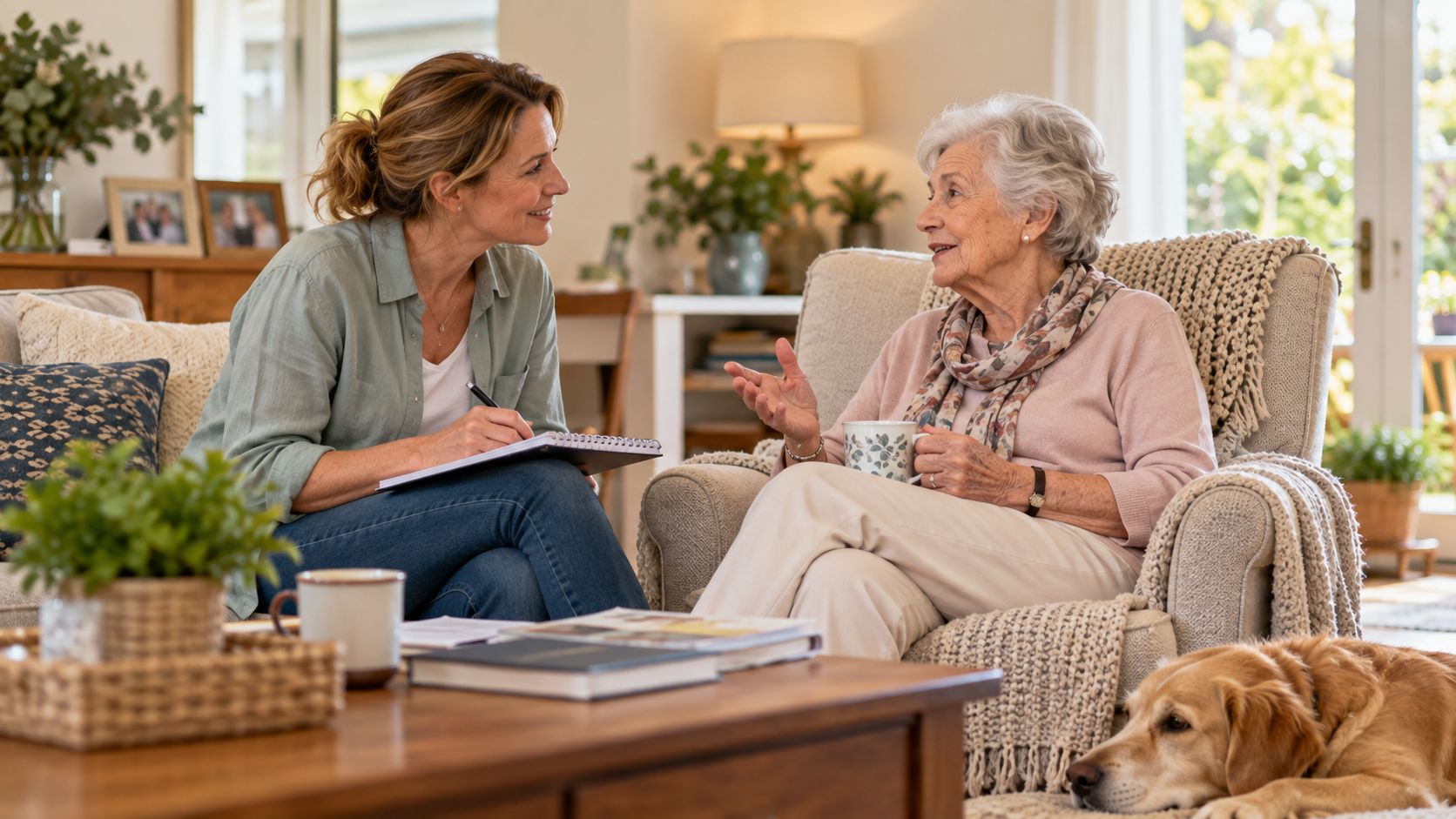 Family discussing care for an ageing parent at home