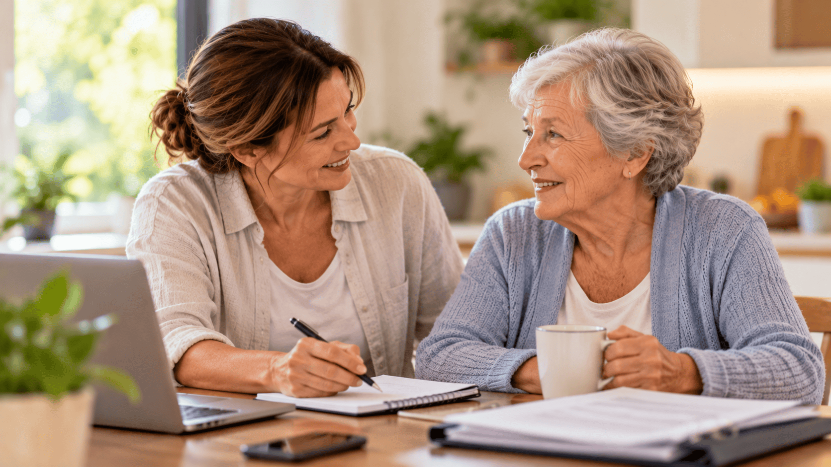 Family discussing care for an aging parent at home