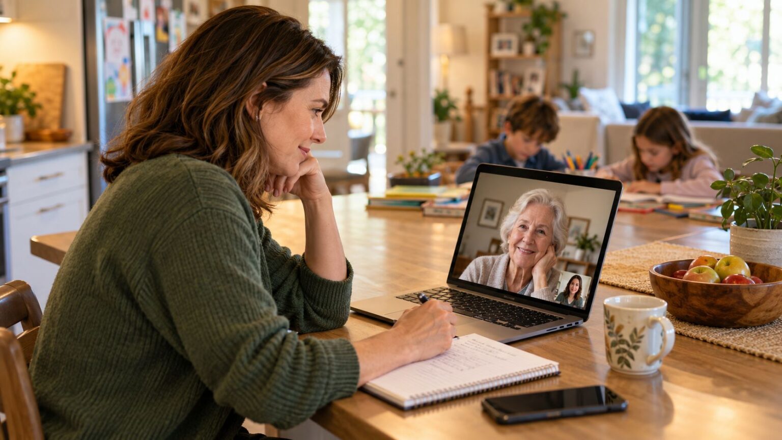 Sandwich generation caregiver video calling her ageing parent while coordinating care from another city