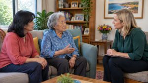 Elderly woman with adult daughter and aged care assessor