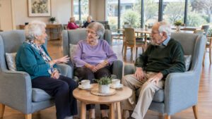 Seniors sitting in a communal living room in an aged care home