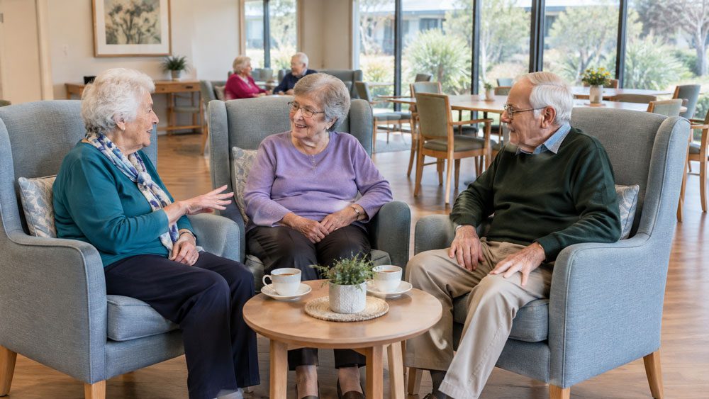 Seniors sitting in a communal living room in an aged care home