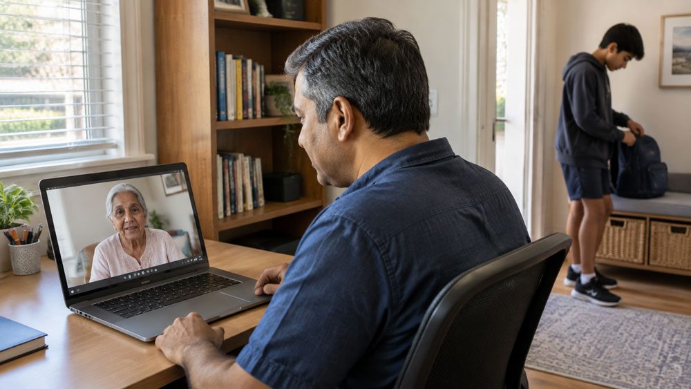 Sandwich generation caregiver video calling his ageing parent while coordinating care from another city