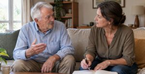 An older man and her adult daughter preparing notes together for an aged care assessment